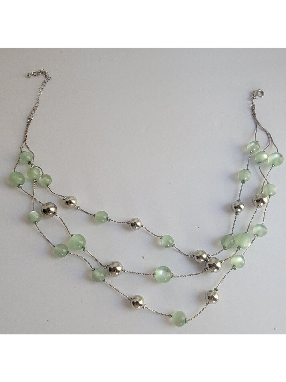 Green Glass Beaded Layered Necklace Silver Tone Station 20 In Jewelry Fashion
